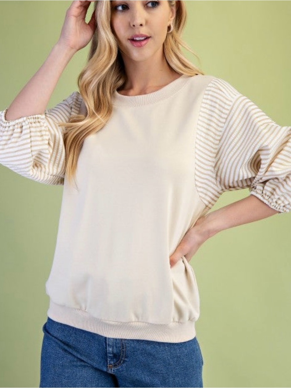 Women's Cream Striped Sleeve Pullover Top